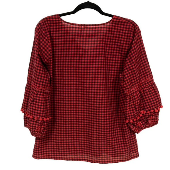 NY Collection Checked Plaid Top, Size Large, Black & Red, Eyelet, Pom-Poms - Picture 5 of 7